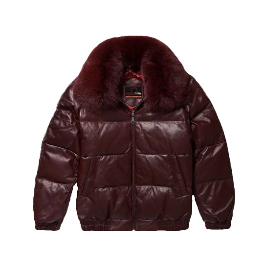 Men’s Burgundy Leather V-Bomber Jacket