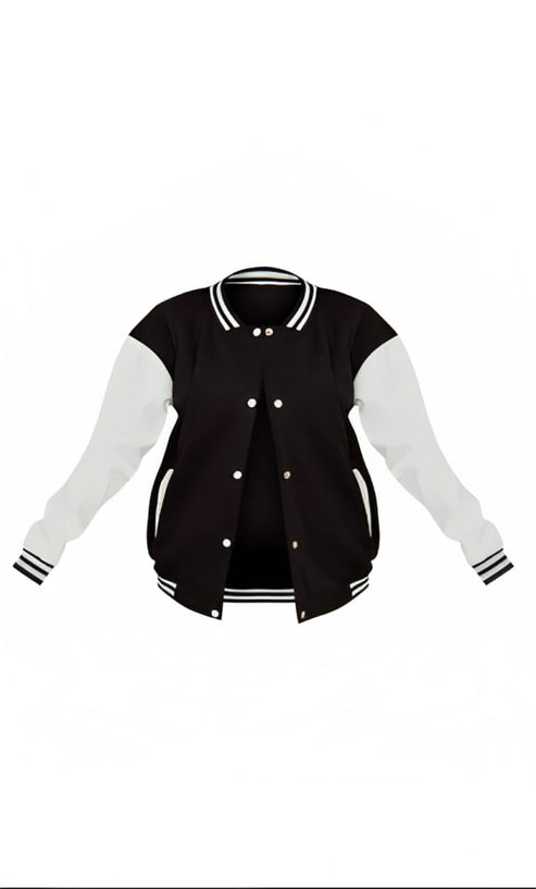 Women’s Black Leather Varsity Bomber Jacket – Premium Street Style