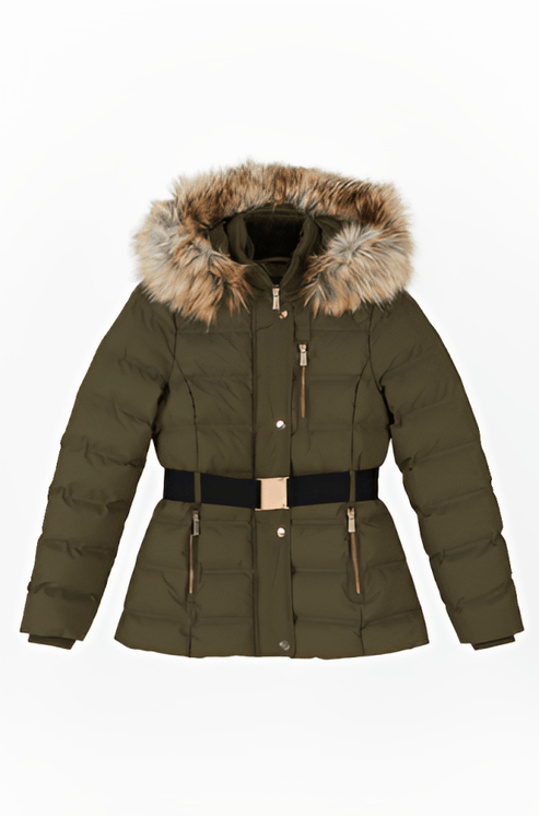 Women’s Khaki Green Puffer Jacket with Fur Hood – Elegant Warmth by Bravo Bros