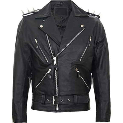 Men’s Black Spiked Lapel Biker Leather Jacket