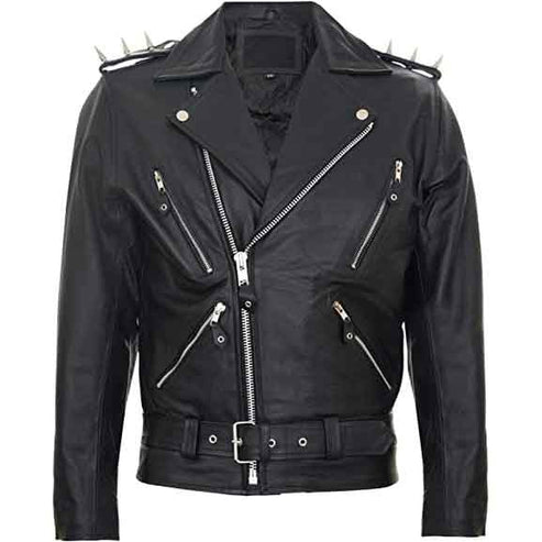Men’s Black Spiked Lapel Biker Leather Jacket