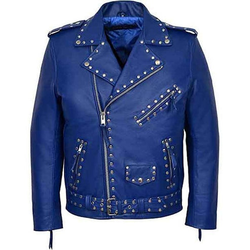 Men’s Blue Studded Designer Leather Jacket with Waist Belt