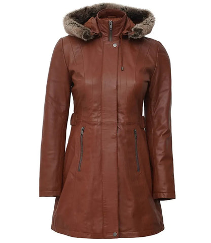 Women’s Brown Leather Shearling Hooded Coat – Cozy & Stylish by Bravo Bros