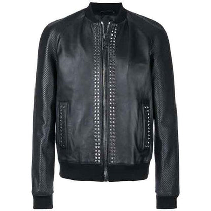 Men’s Black Studded Bomber Leather Jacket