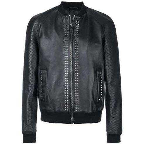 Men’s Black Studded Bomber Leather Jacket