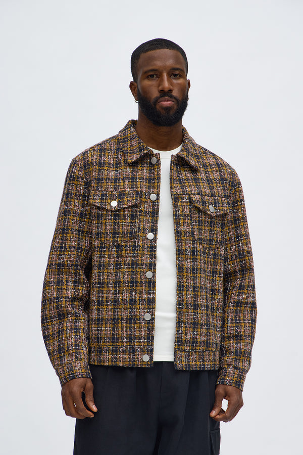 Textured Tweed Plaid Trucker Jacket