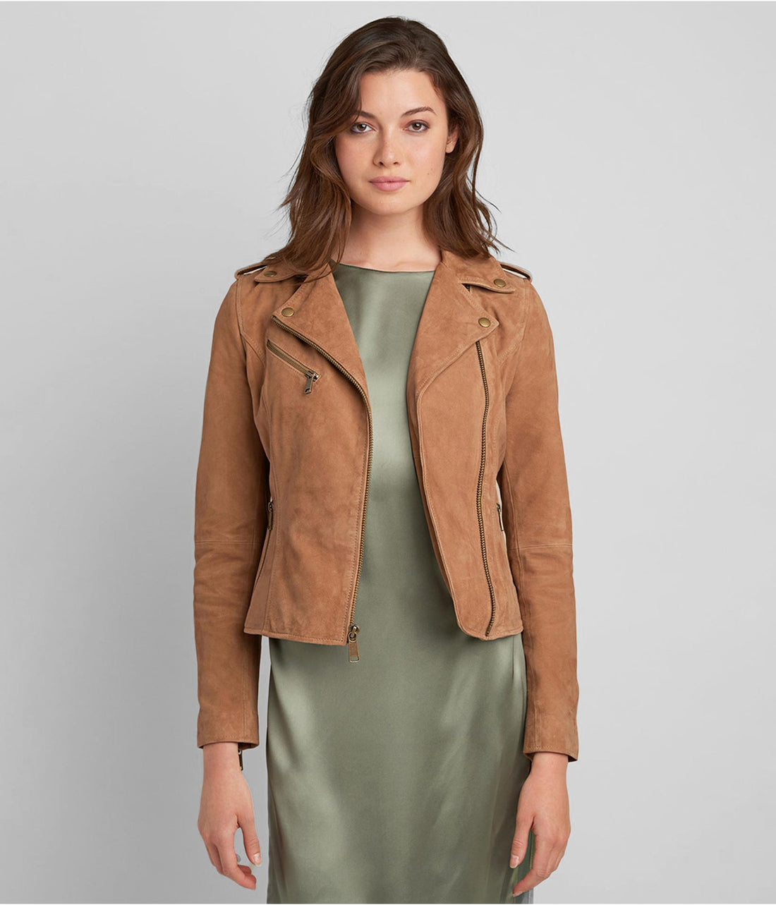 Bravo Bros Women’s Tan Brown Suede Leather Moto Jacket