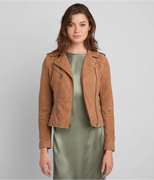 Bravo Bros Women’s Tan Brown Suede Leather Moto Jacket