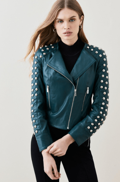 Bravo Bros Women’s Jade Green Quilted Studded Leather Jacket