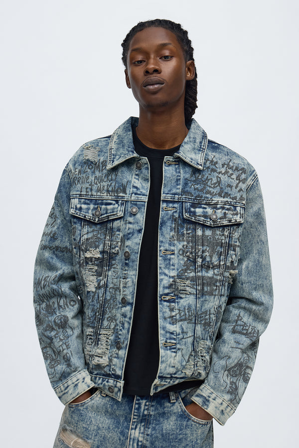 Verbiage Distressed Denim Trucker Jacket
