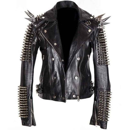 Men’s Black Longline Leather Jacket with Silver Spikes