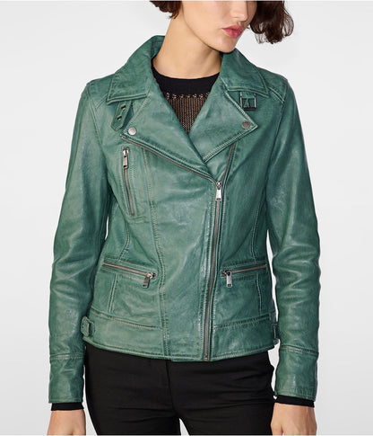 Bravo Bros Women’s Sea Green Distressed Leather Biker Jacket