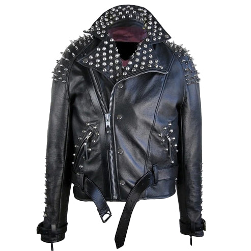 Men’s Classic Black Leather Spike-Trim Jacket