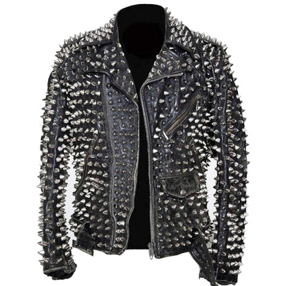 Men’s Black Punk Metal Motorcycle Leather Jacket