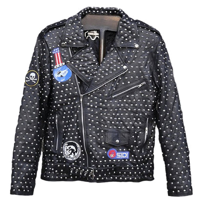 Men’s Full Studded Leather Jacket with Embroidered Patch