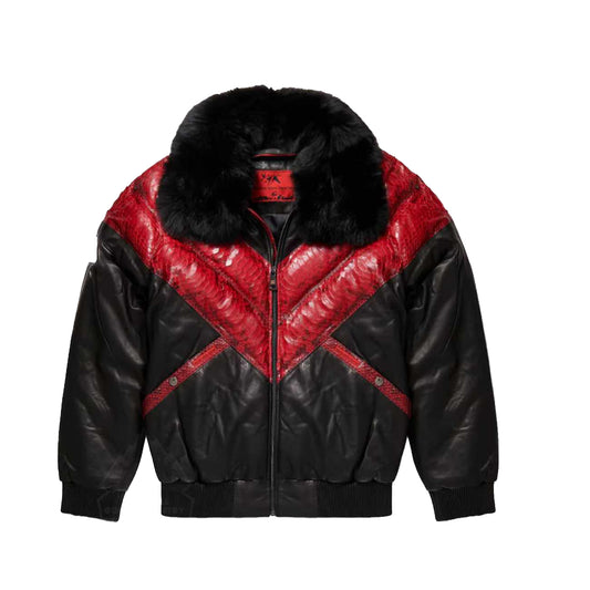Men’s Red Leather V-Bomber Jacket