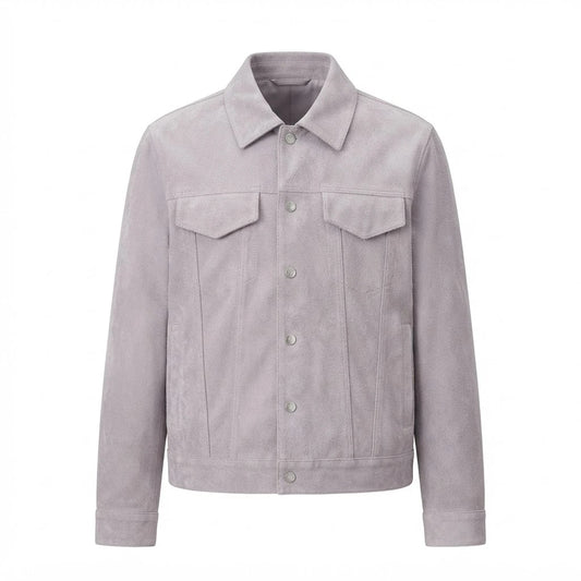 Men’s White Gray Suede Trucker Jacket front view featuring genuine white-gray suede, point collar, button front, and dual chest flap pockets   