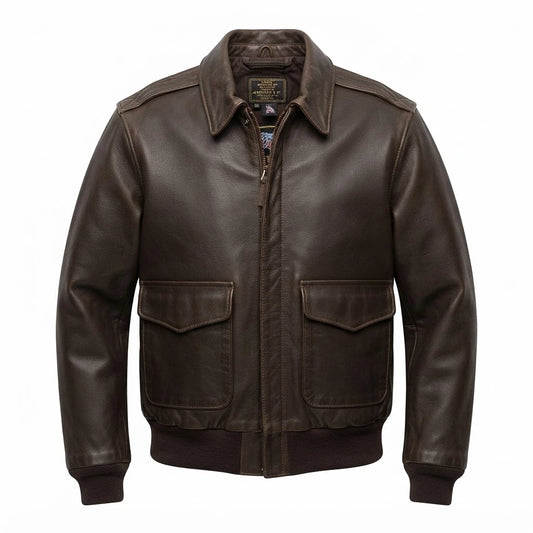 100 Mission A-2 Pilot Leather Flight Bomber Jacket front view featuring vintage brown genuine leather, snap collar, and patch pockets