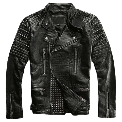 Men’s Black Punk Cowhide Leather Jacket with Silver Studs