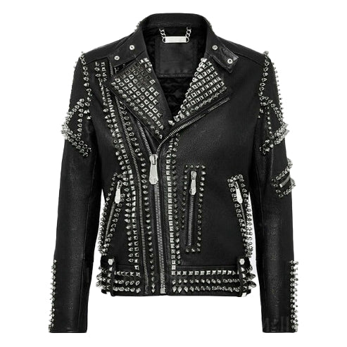 Men’s Silver Studded Punk Brando Leather Jacket