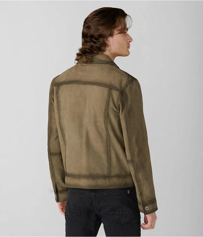 Men’s Olive Green Suede Leather Trucker Jacket – Rugged Classic by Bravo Bros