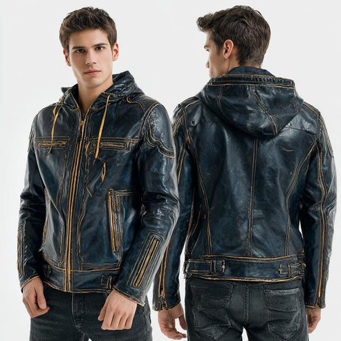 Bravo Bros Men’s Vintage Distressed Blue Leather Hoodie Jacket