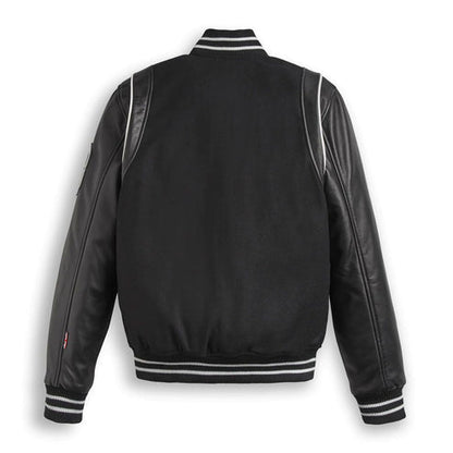 Men’s Black Varsity Bomber Leather Jacket with Stripes