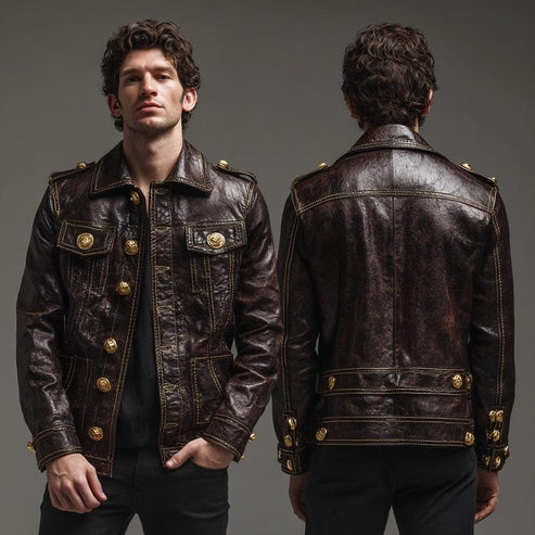 Bravo Bros Men’s Brown Military Style Leather Jacket with Gold Buttons