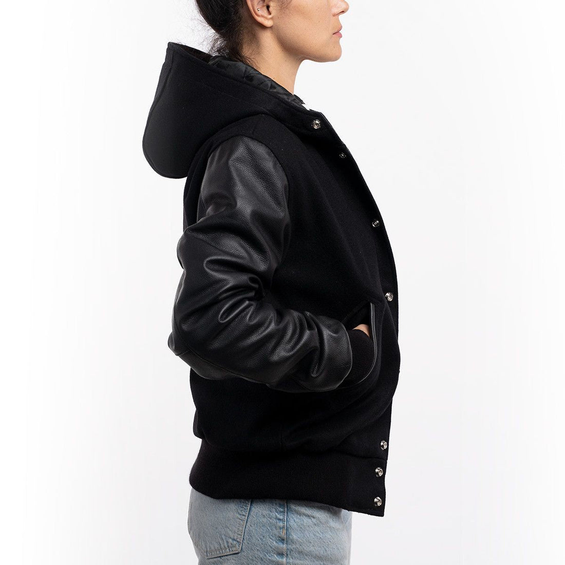 Women’s Black Hooded Leather Varsity Jacket – Premium Street Style