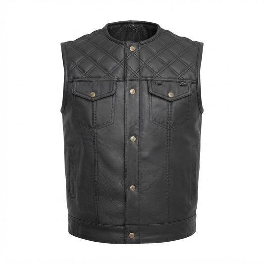 12 Gauge Men’s Leather Motorcycle Vest front view featuring rich black genuine leather, diamond-quilted shoulders, snap-button closure, and utility pockets   