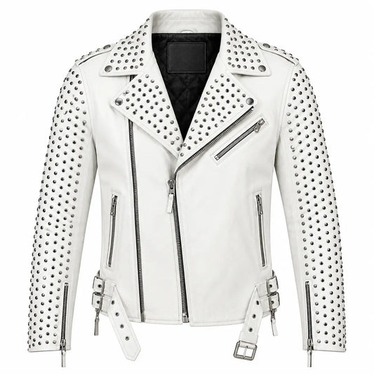 Men’s White Studded Leather Biker Jacket