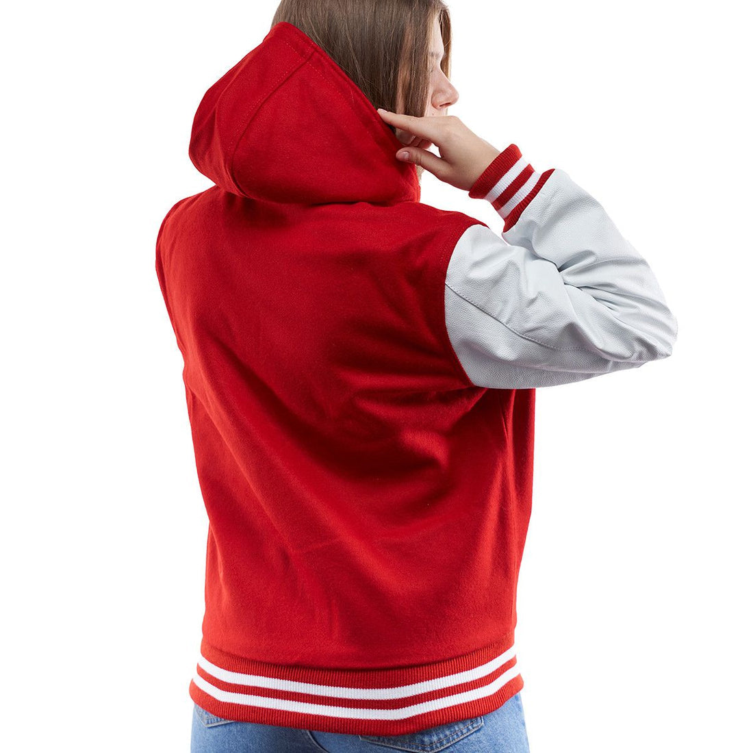 Women’s Red & White Hooded Leather Varsity Jacket – Premium Street Style