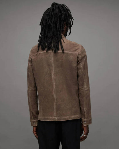 Men’s Tan Suede Trucker Jacket – Timeless & Durable Leather