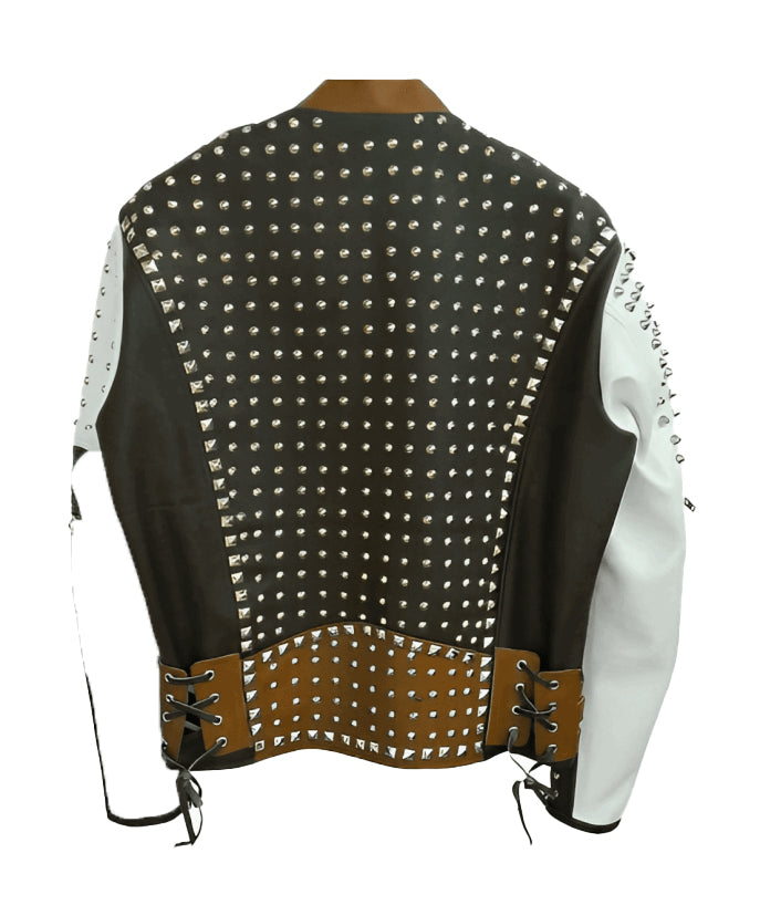 Men’s Brown & White Studded Leather Biker Jacket