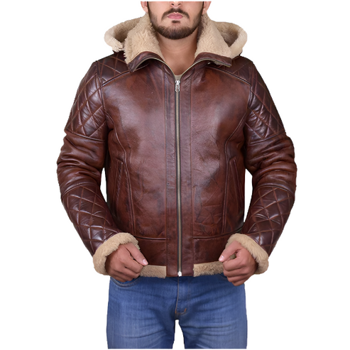 Bravo Bros Men’s Brown Shearling Hooded Leather Jacket