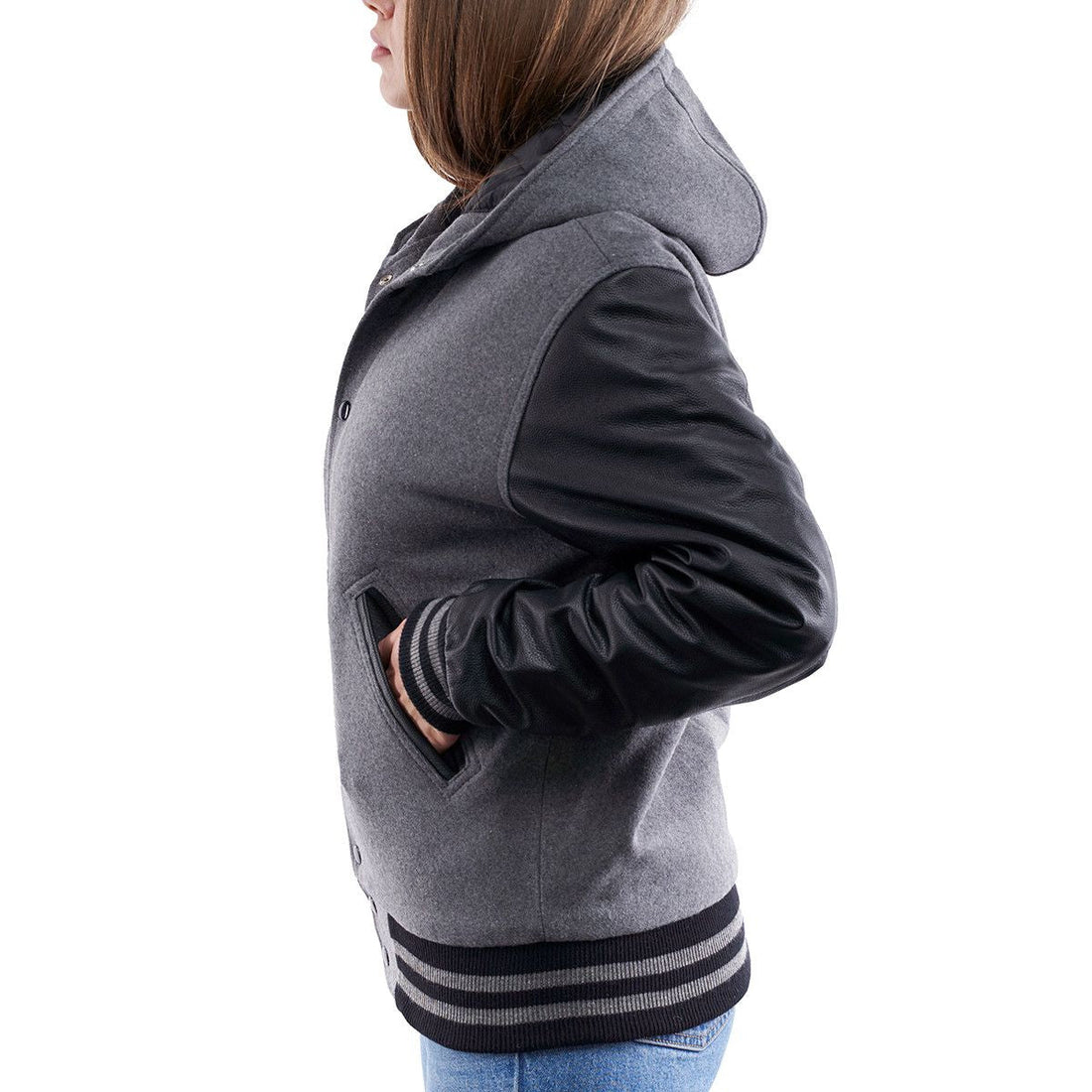 Women’s Gray Hooded Leather Letterman Jacket – Premium Varsity Style