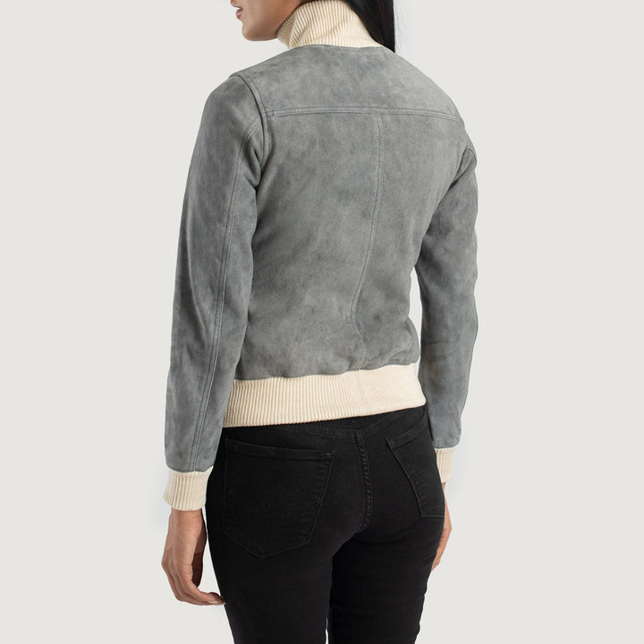 Women’s Grey Suede Bomber Jacket – Modern Elegant Outerwear