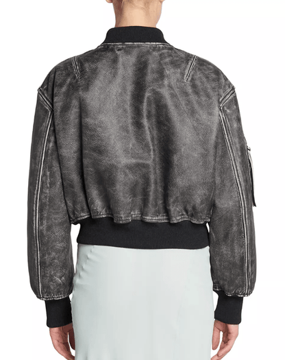 Women’s Black Vintage Leather Bomber Jacket – Classic Style