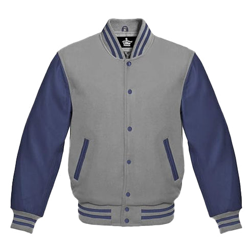 Men’s Grey & Royal Blue Baseball Varsity Jacket – Classic College Style