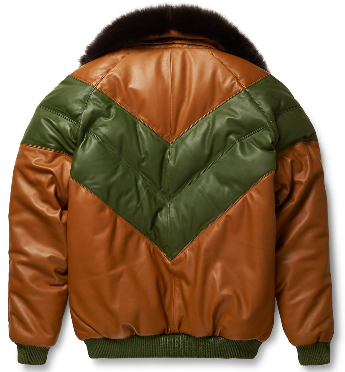 Premium Brown & Green V-Bomber Leather Jacket – Modern Luxury