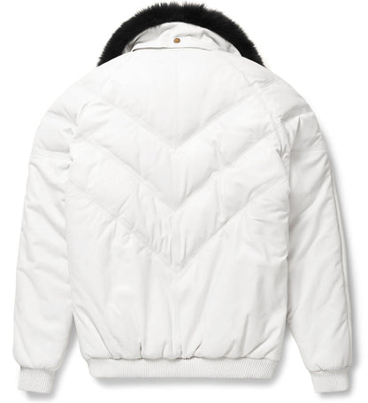 Premium White V-Bomber Leather Jacket – Bold & Luxurious
