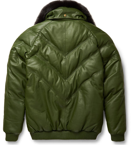 Premium Olive V-Bomber Leather Jacket – Rugged & Luxurious
