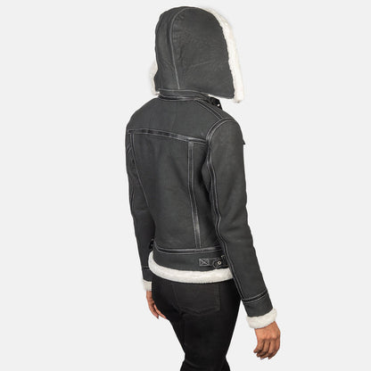Women’s Black Hooded Shearling Leather Jacket – Winter Luxury Outerwear