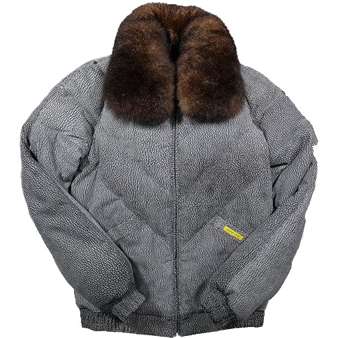 Premium Elephant Print V-Bomber Leather Jacket with Removable Fur Collar – Bold & Luxury