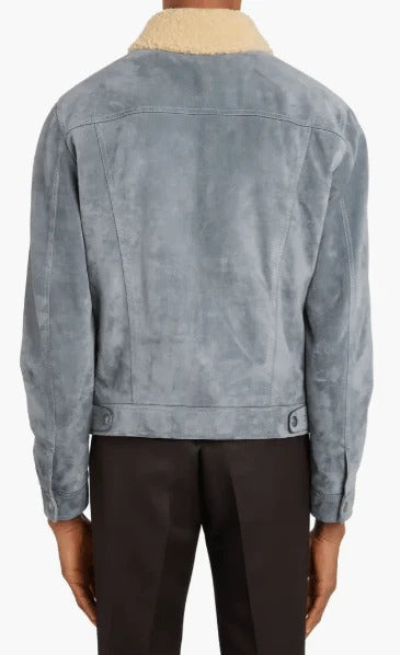 Men’s Sky Blue Suede Trucker Jacket – Shearling Leather Coat