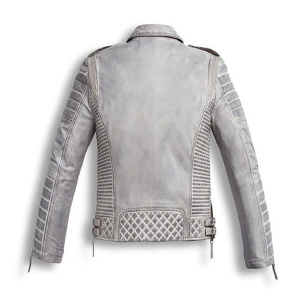 Men’s White Waxed Leather Biker Motorcycle Jacket – Chrome Finish