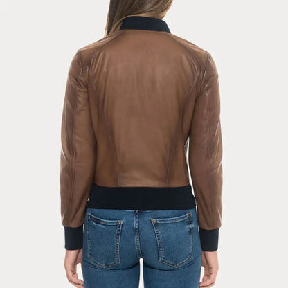 Women’s Sugar Brown Lambskin Leather Bomber Jacket – Soft & Premium