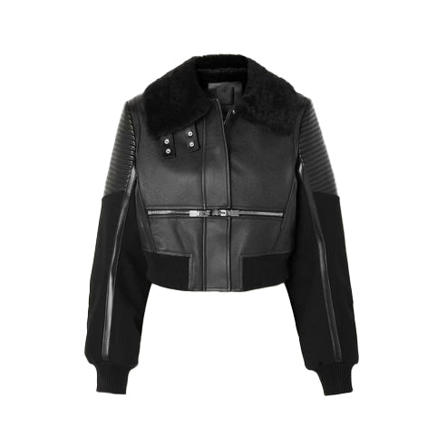 Black Shearling Leather Bomber Jacket for Women