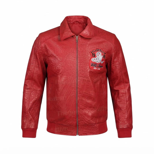1978 Soda Club Red Leather Jacket front view featuring vibrant red genuine leather, custom club patch, and shirt collar