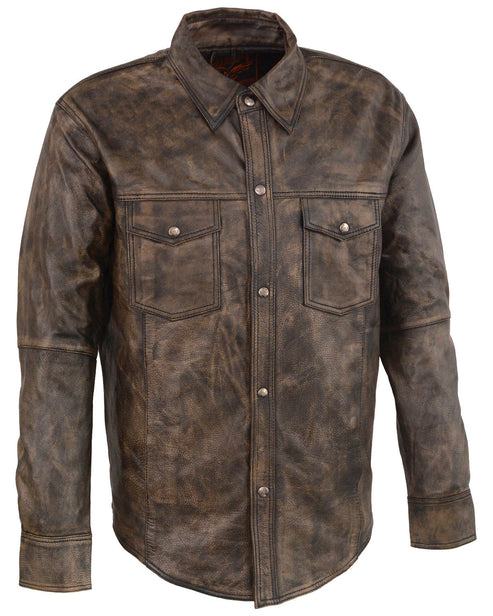 Men’s Distressed Brown Leather Snap-Front Shirt – Casual & Rugged